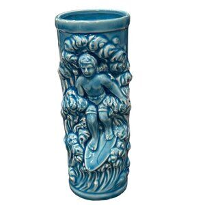Vintage Blue Ceramic Tiki Mug With Surfer Design By Orchids Of Hawaii Japan